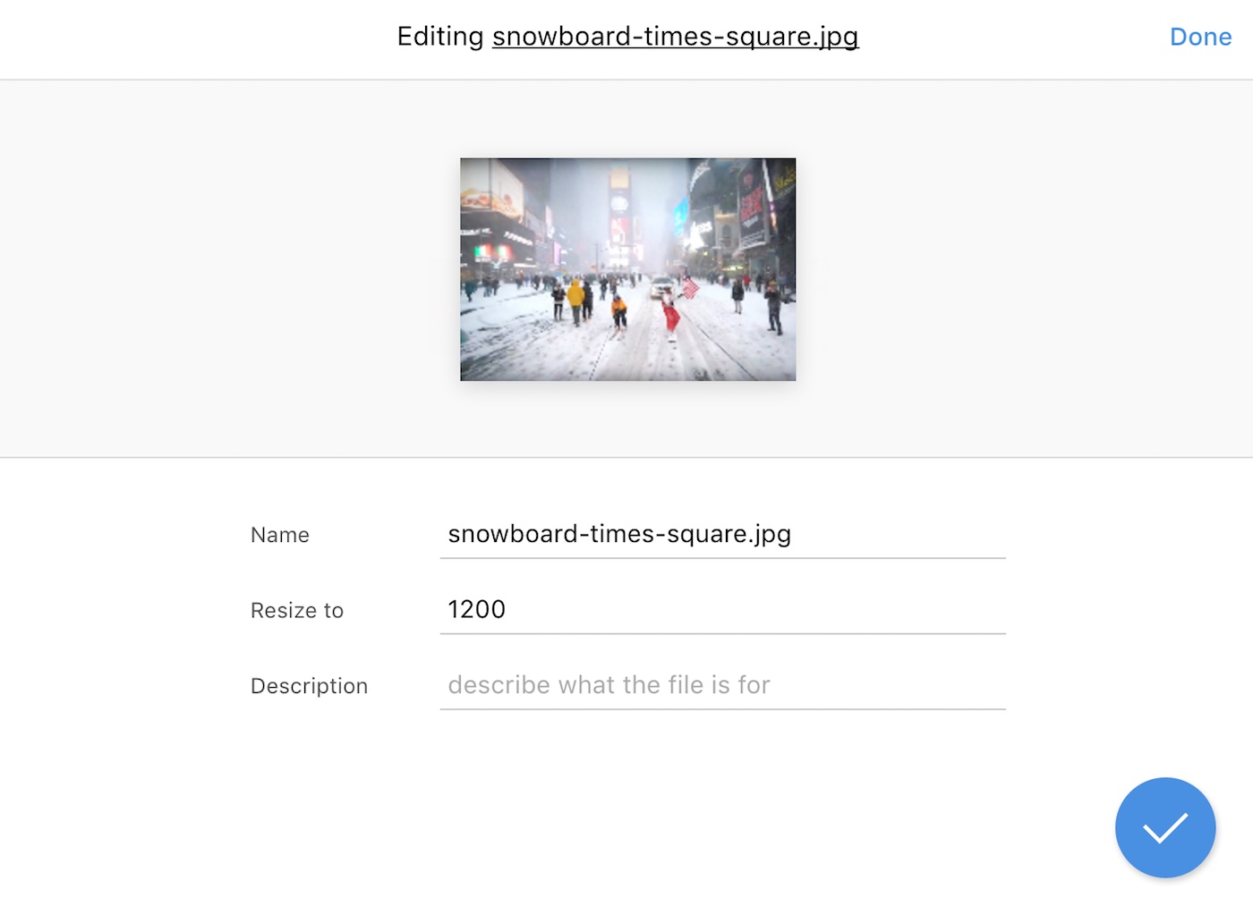 metadata dashboard UI, editing file name, future size and adding description